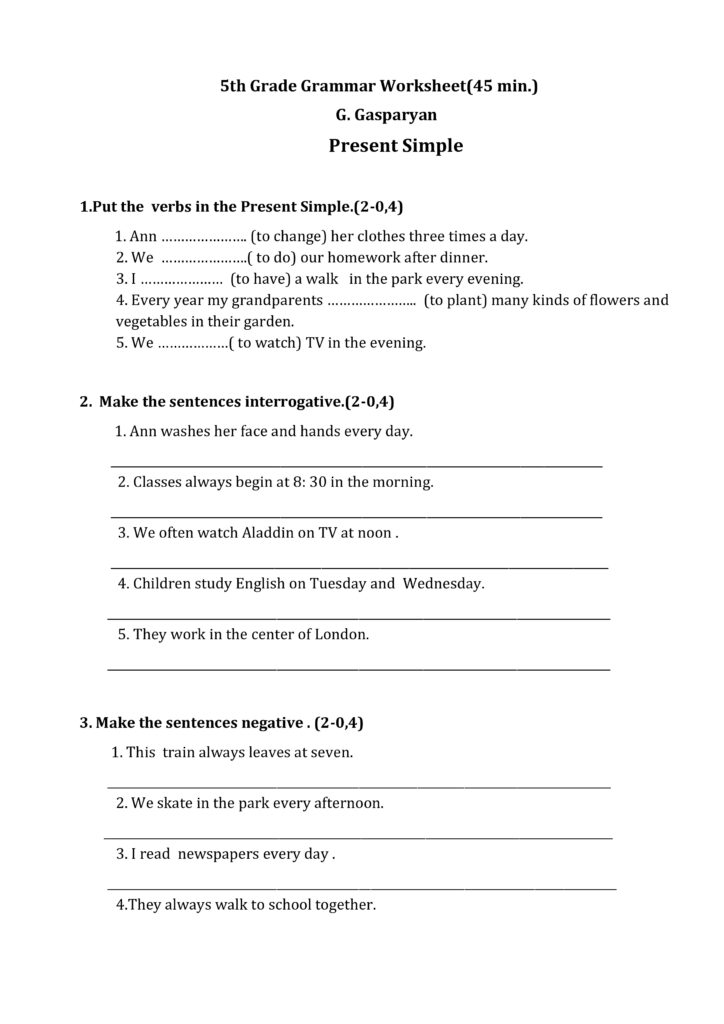 5TH GRADE GRAMMAR WORKSHEET